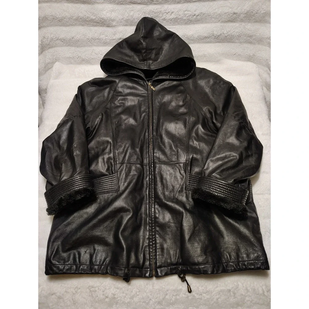 Charles Klein Genuine Leather Jacket & Leather Hood Sz XL + Removable liner Sz M - Picture 1 of 11
